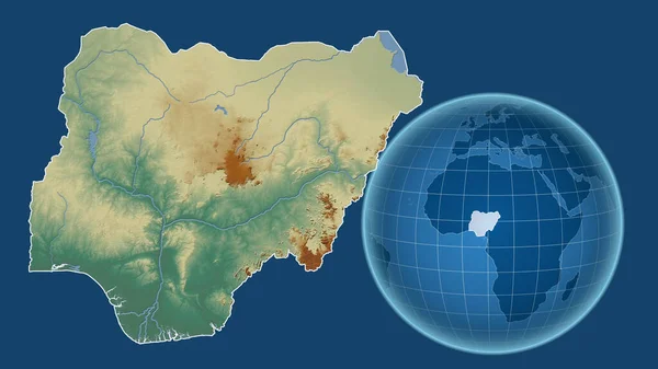 ナイジェリア 青い背景に孤立した輪郭を持つ拡大地図に対して 国の形をした球体 地形図によると — ストック写真