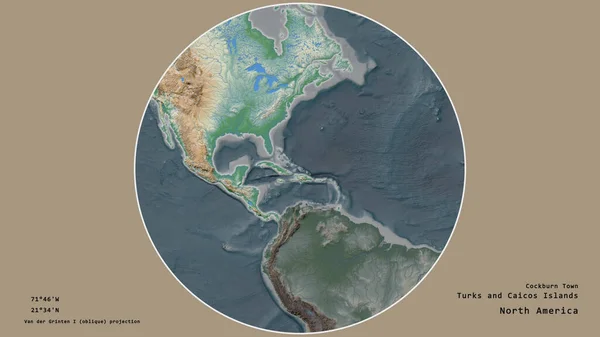 特克斯和凯科斯群岛地区以其大陆周围的圆圈为中心 背景十分荒凉 大写的地理推论和名称 彩色物理图 — 图库照片