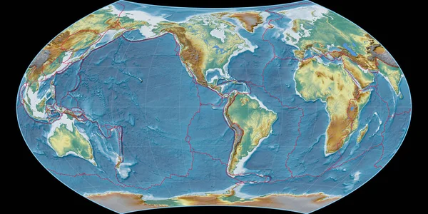 瓦格纳八世的世界地图投影以西经90度为中心 地形图 具有满意边界和构造板块边界的栅格组合 3D插图 — 图库照片