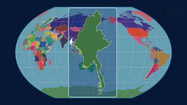 カヴァライスキー プロジェクションの世界地図に対する視点線でミャンマーのアウトラインを拡大表示 形を中心に 行政区画のカラーマップ — ストック写真