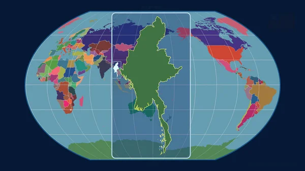 Přiblížený Pohled Myanmarský Obrys Perspektivními Liniemi Proti Globální Mapě Projekci — Stock fotografie