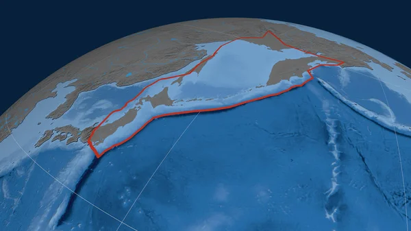 Okhotsk Płyta Tektoniczna Zarysowane Kuli Ziemskiej Topografia Batymetria Kolorowa Mapa — Zdjęcie stockowe