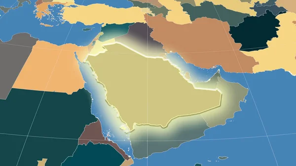 沙特阿拉伯及其邻国 遥远的斜向透视 形状闪闪发光 行政区划的彩色地图 — 图库照片