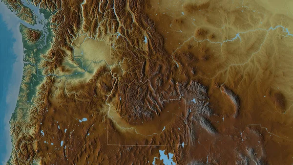 Idaho, state of United States. Colored relief with lakes and rivers. Shape outlined against its country area. 3D rendering