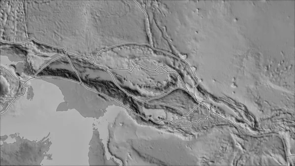 Las Placas Tectónicas Bordean Mapa Escala Grises Las Áreas Adyacentes —  Fotos de Stock