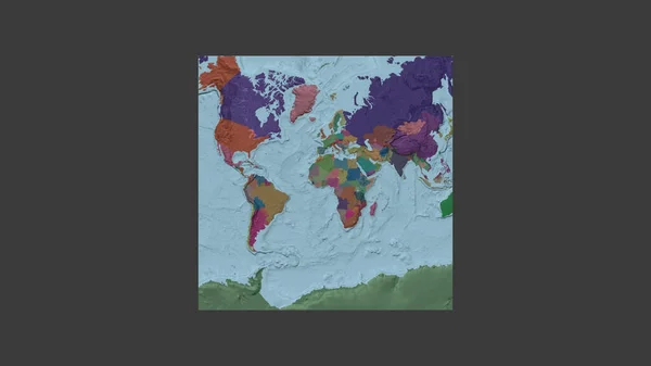 トーゴの領土を中心に斜めのヴァン グリンテン投影で世界の大規模な地図の正方形のフレーム 行政庁のカラーマップ — ストック写真
