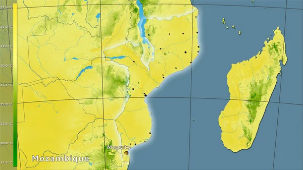 Maximumtemperatuur Van Warmste Maand Mozambique Stereografische Projectie Met Legende Hoofdcompositie — Stockfoto