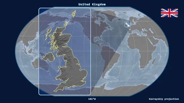 Увеличенный Учетом Контура Соединенного Королевства Перспективными Линиями Против Глобальной Карты — стоковое фото