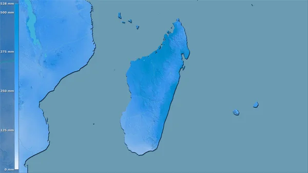 马达加斯加地区内带图例的立体投影湿月降水量 栅格层的原始成分 — 图库照片
