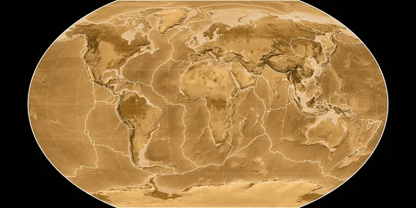 Kavraisky Vii投影中的世界地图以东经11度为中心 塞皮亚浅色的高程图 具有满意和构造板块边界的栅格组合物 3D插图 — 图库照片