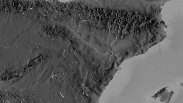 Aragon , autonomous community of Spain. Grayscaled map with lakes and rivers. Shape outlined against its country area. 3D rendering