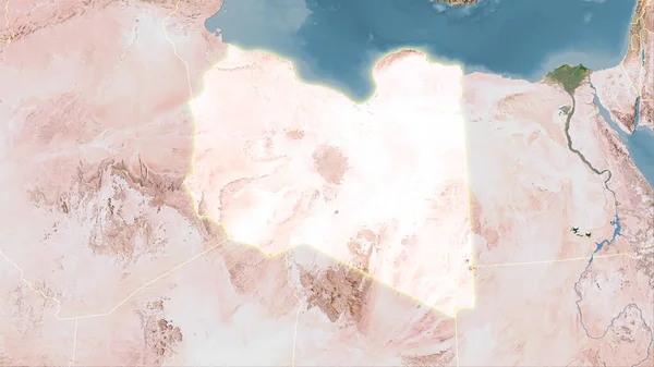卫星C地图上立体投影中的利比亚地区 具有发光轮廓的栅格层的原始组成 — 图库照片