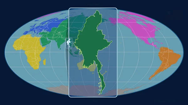 Zoomed View Myanmar Outline Perspective Lines Global Map Mollweide Projection — Stock Photo, Image