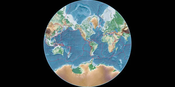 兰伯特 拉格朗日投影中的世界地图以西经90度为中心 彩色着色着色器 高程图 具有满意和构造板块边界的栅格组合物 3D插图 — 图库照片