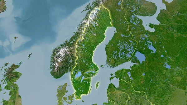衛星Cマップ上のスウェーデン領域の立体投影 光輝く輪郭を持つラスター層の生の組成 — ストック写真