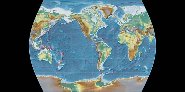 World map in the Times Atlas projection centered on 90 West longitude. Topographic relief map - composite of raster with graticule and tectonic plates borders. 3D illustration