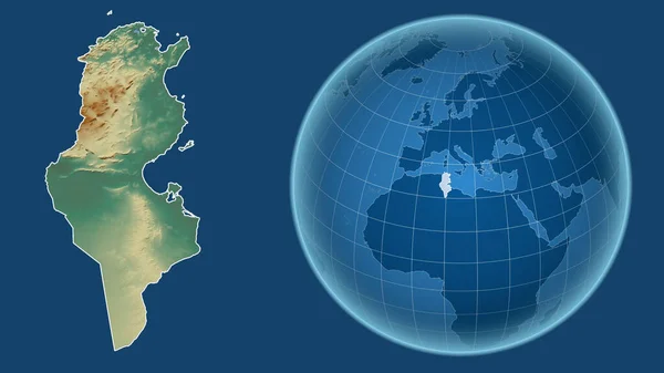 Tunézia Globe Ország Alakja Ellen Zoomolt Térkép Vázlatát Elszigetelt Kék — Stock Fotó