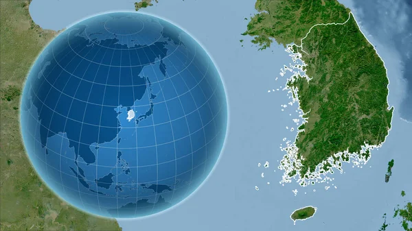 Güney Kore Zoom Haritasına Karşı Ülkenin Şekline Sahip Bir Dünya — Stok fotoğraf