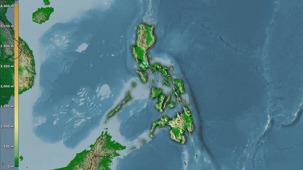 Physical map within the Philippines area in the stereographic projection with legend - raw composition of raster layers with dark glowing outline