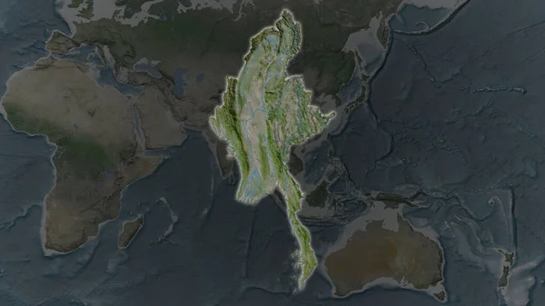 Myanmar Bölgesi Çevresinin Koyu Bir Arka Planında Büyüyüp Parladı Uydu — Stok fotoğraf