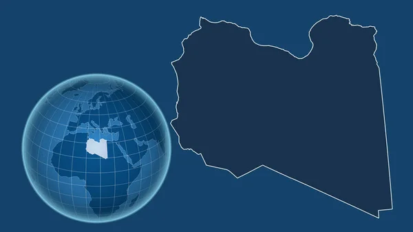 Libye Globe Tvarem Země Proti Zvětšené Mapě Obrysem Izolovaným Modrém — Stock fotografie