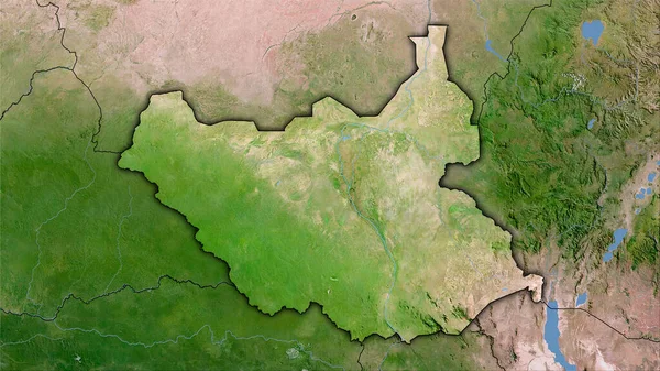 卫星C地图上立体投影中的南苏丹地区 暗光轮廓光栅层的原始组成 — 图库照片