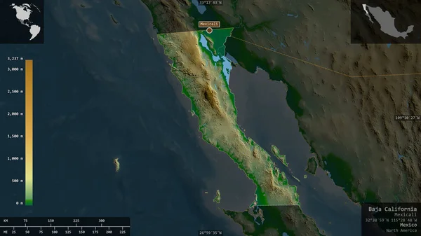 Baja California Estado México Datos Sombreado Colores Con Lagos Ríos — Foto de Stock
