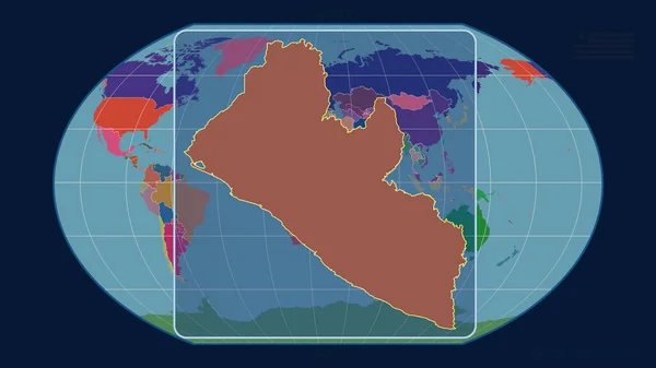 根据Kavrayskiy投影中的全球地图 用透视线将利比里亚的轮廓放大 形体中心 行政区划的彩色地图 — 图库照片