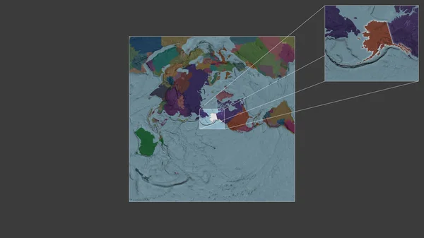 美国的扩展和扩大的地区 阿拉斯加 从世界的大比例尺地图中提取出来 其主要的线条连接了框架的各个角落 行政区划的彩色地图 — 图库照片