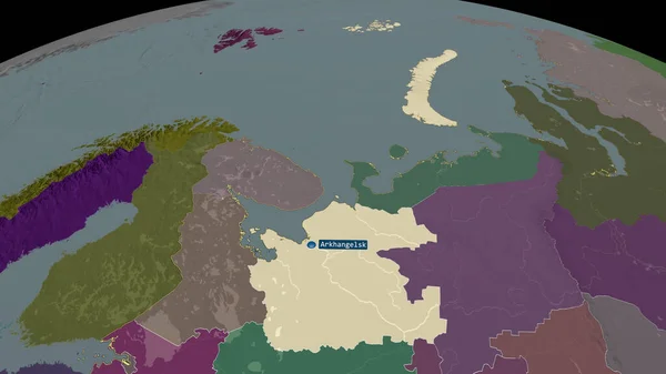 Archangelsk Oblast Ruska Přiblížila Zvýraznila Kapitálem Barevná Poďobaná Mapa Administrativního — Stock fotografie