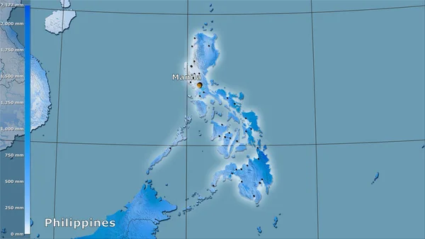 Precipitation of coldest quarter within the Philippines area in the stereographic projection with legend - main composition