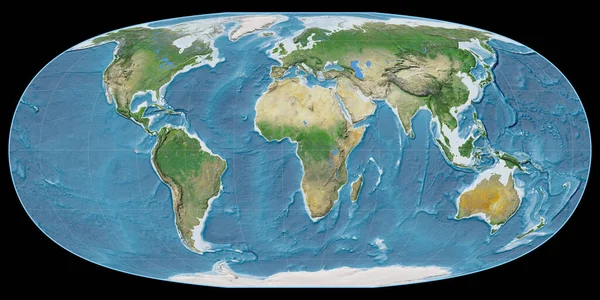 Světová Mapa Mcbryde Thomasově Projekci Soustředila Východní Délky Satelitní Snímky — Stock fotografie