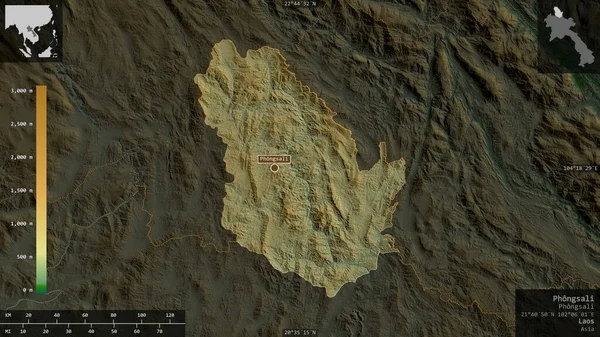 Phongsali Provincia Laos Datos Sombreado Colores Con Lagos Ríos Forma — Foto de Stock