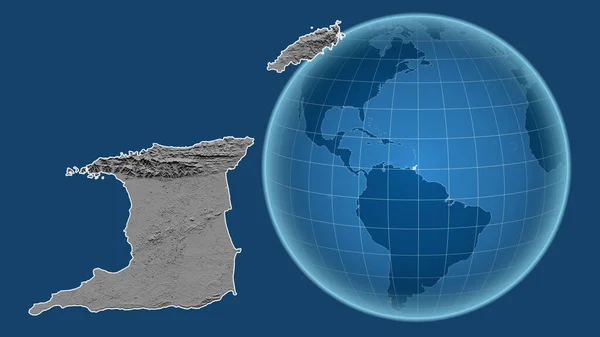 트리니다드토바고 지도의 배경에 고립되어 나라의 지도와 대조되는 모양을 지구본 Grayscale — 스톡 사진