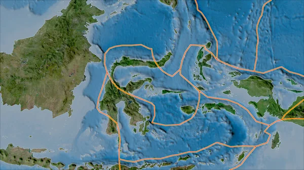 モルッカ海プレートエリアに隣接する地域の衛星Bマップ上の構造プレートの境界 ヴァン グリンテンI予測 斜めの変換 — ストック写真