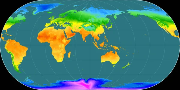 位于奥泰留斯椭圆形投影中的世界地图以东经90度为中心 平均年温度图 具有满意性能的栅格原料复合材料 3D插图 — 图库照片