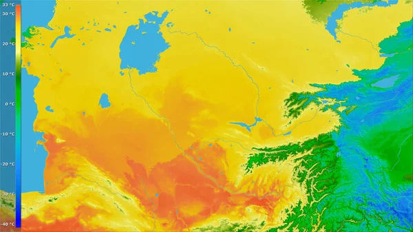 带有图例的立体投影中乌兹别克斯坦地区最暖四分之一的平均温度 光栅层的原始成分 — 图库照片