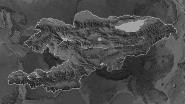 Kyrgyzstan Area Enlarged Glowed Darkened Background Its Surroundings Grayscale Bumped — Stock Photo, Image