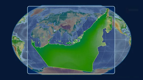 Nagyítás Egyesült Arab Emírségekre Perspektívákkal Kavrayskiy Kivetítés Globális Térképével Szemben — Stock Fotó