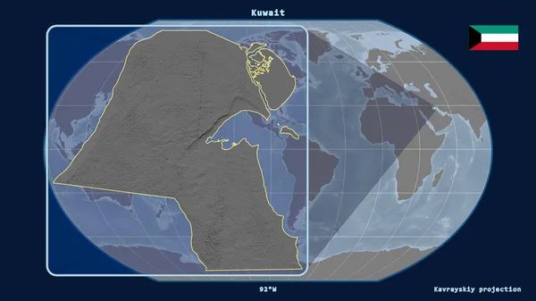 Увеличен Виду Контура Кувейта Перспективными Линиями Против Глобальной Карты Каврайской — стоковое фото