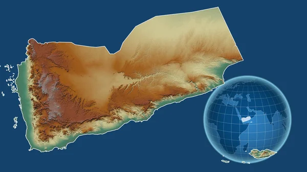 Jemen Globus Mit Der Form Des Landes Gegen Gezoomte Landkarte — Stockfoto
