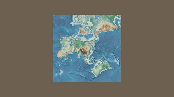 Square frame of the large-scale map of the world in an oblique Van der Grinten projection centered on the territory of Mongolia. Color physical map