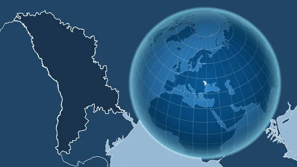 摩尔多瓦 与缩放地图及其轮廓相对照的国家形状的球体 只形状 海洋面具 — 图库照片