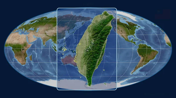 Zoomed View Taiwan Outline Perspective Lines Global Map Mollweide Projection — Stock Photo, Image