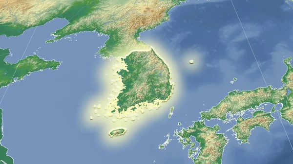 South Korea Its Neighborhood Distant Oblique Perspective Shape Glowed Color — Stock Photo, Image