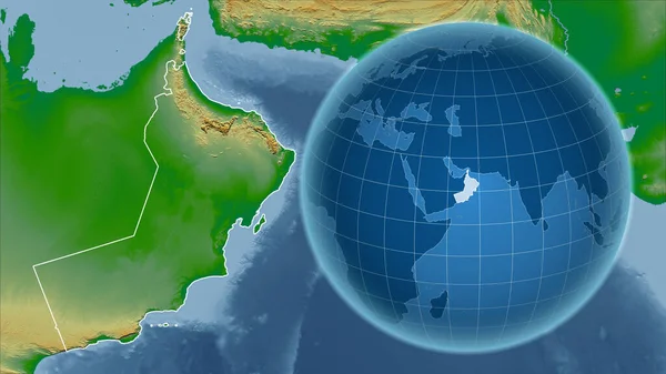 Oman Globo Con Forma Del Paese Contro Mappa Ingrandita Con — Foto Stock