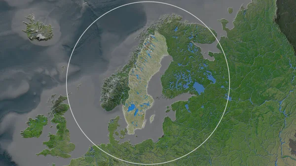 瑞典幅员辽阔的地区被周边的一个圆圈所包围 卫星图像 — 图库照片