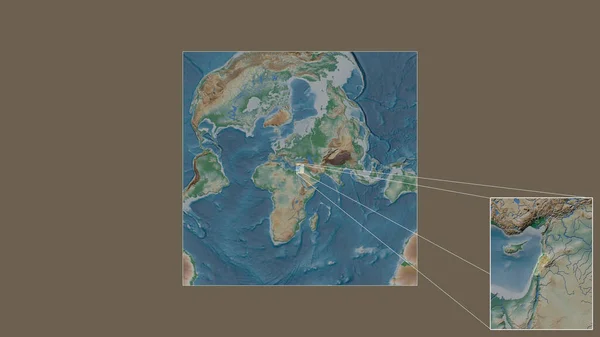 从世界大比例尺地图中提取的黎巴嫩扩大和扩大的地区 其主要线连接了框架的各个角落 彩色物理图 — 图库照片
