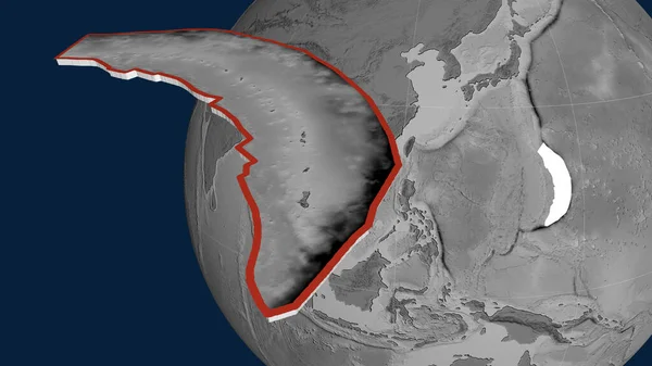 Mariana Tektonische Plaat Geëxtrudeerd Gepresenteerd Tegen Wereldbol Grayscale Hoogte Kaart — Stockfoto