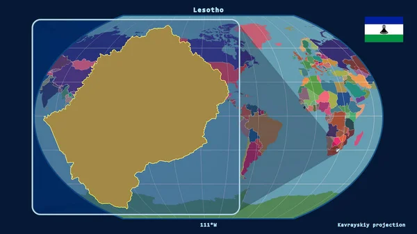 Увеличенный Вид Контура Лесото Перспективными Линиями Против Глобальной Карты Каврайской — стоковое фото